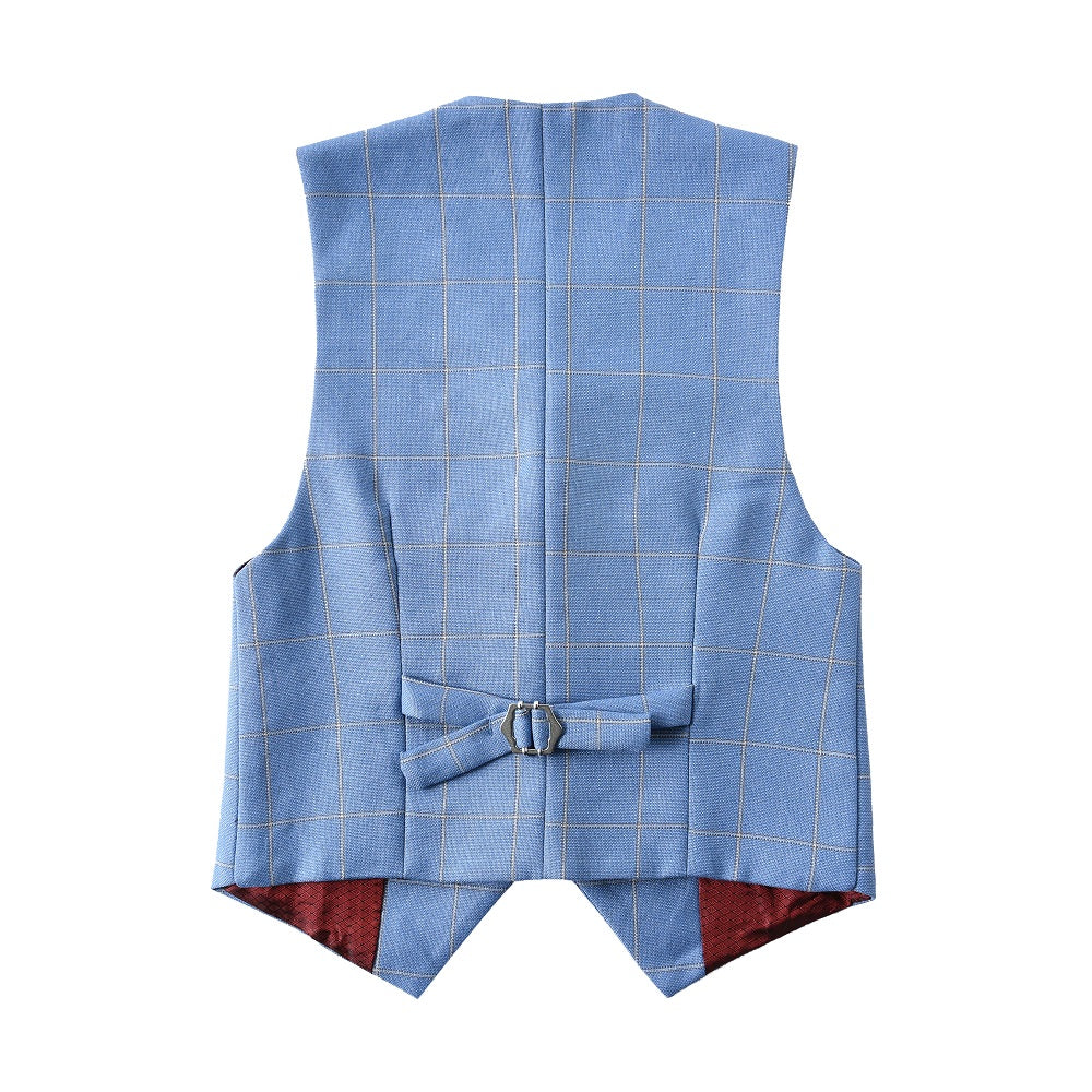 Light blue plaid boys' formal suit vest: Back view with adjustable buckle & red lining