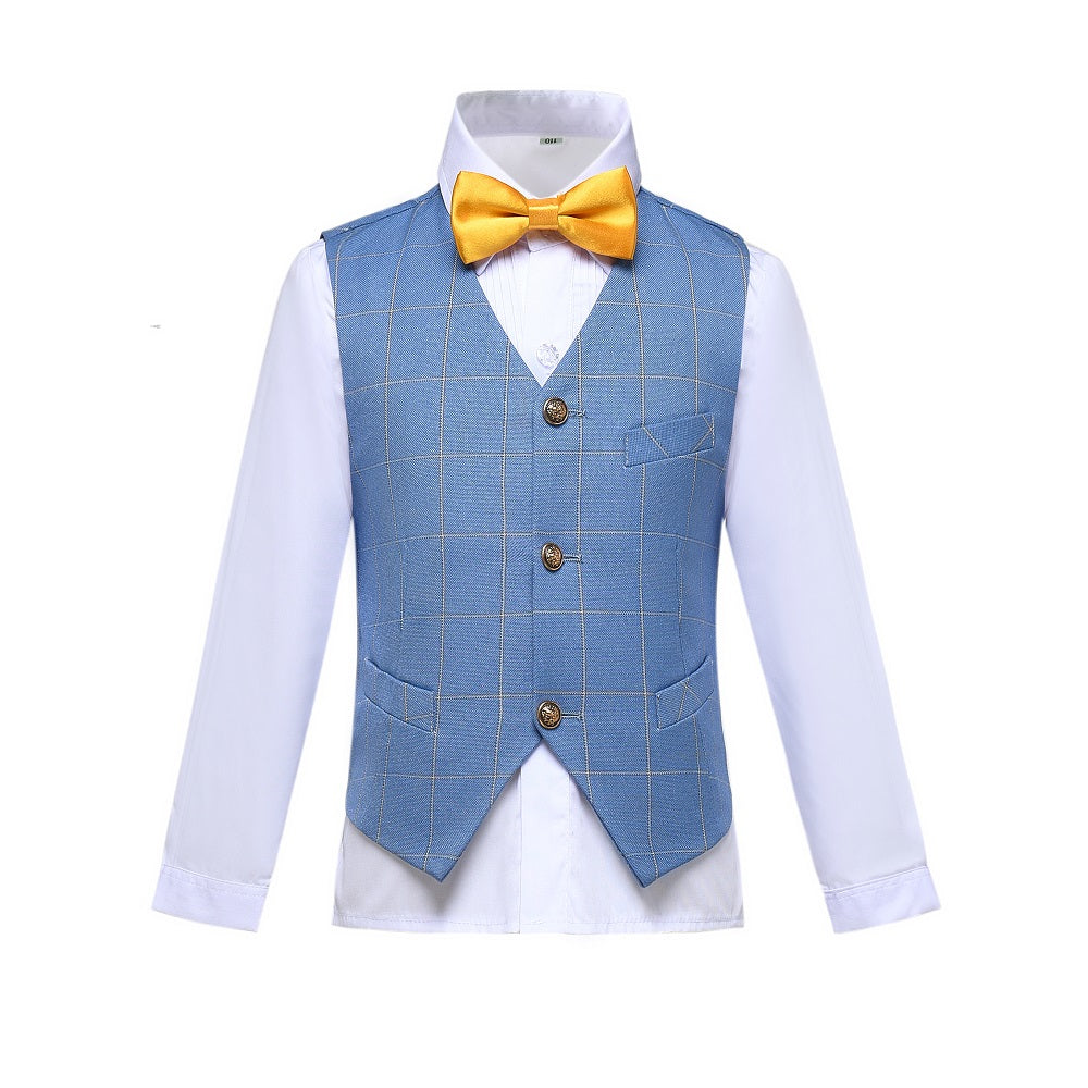 Light blue plaid kids boys' vest: Dress suit with yellow bow tie & gold buttons