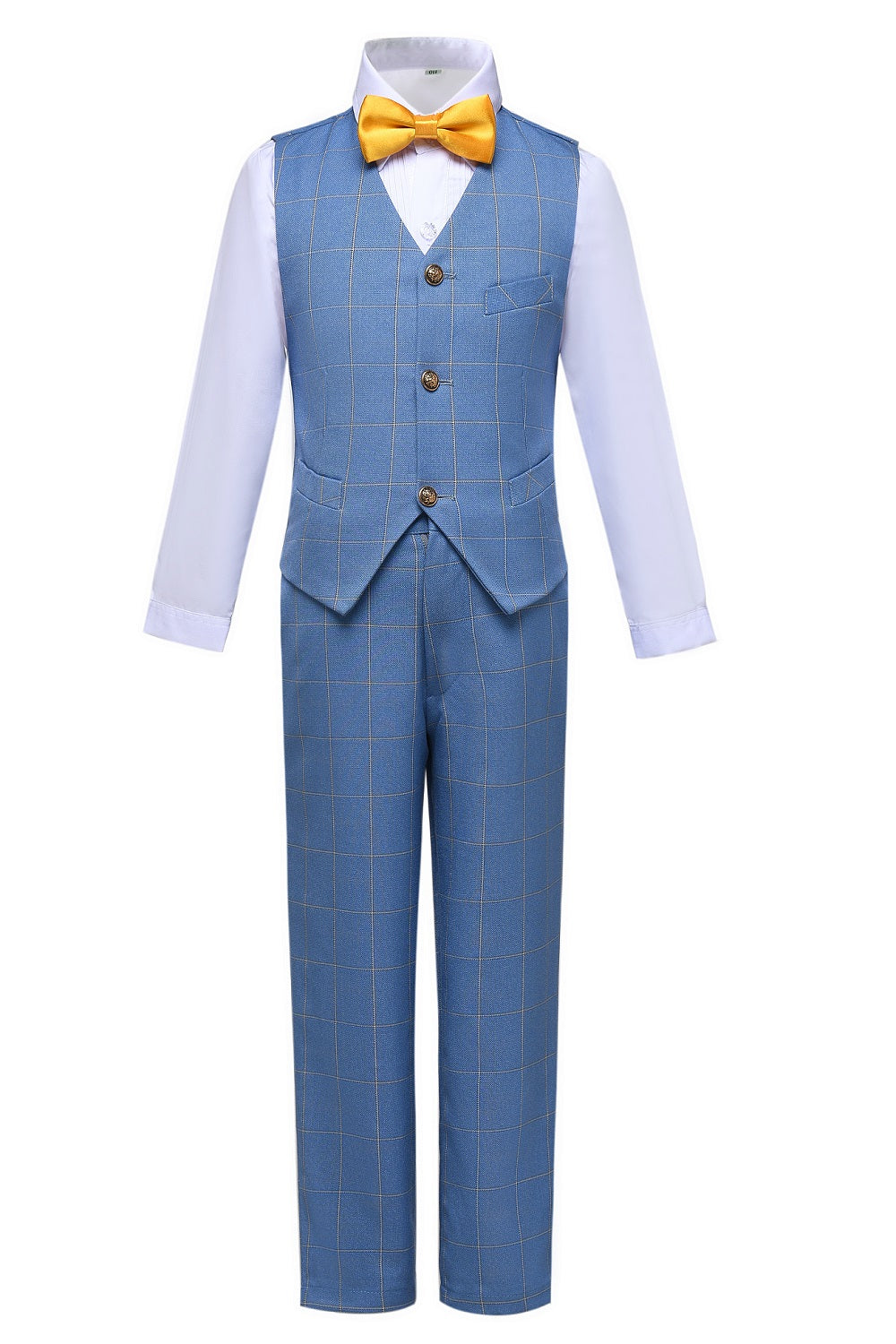 Light blue plaid kids boys' 2-piece dress suit: Vest & pants set with yellow bow tie