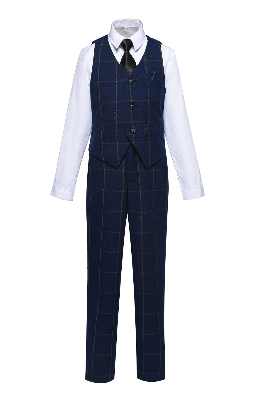 Navy plaid kids boys' 2-piece dress suit: Vest & pants set with black tie