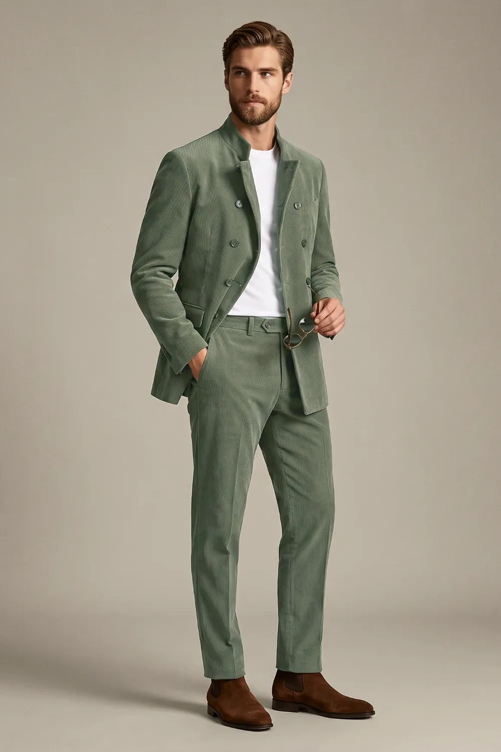 Men's Double Breasted Corduroy 2 Piece Suit