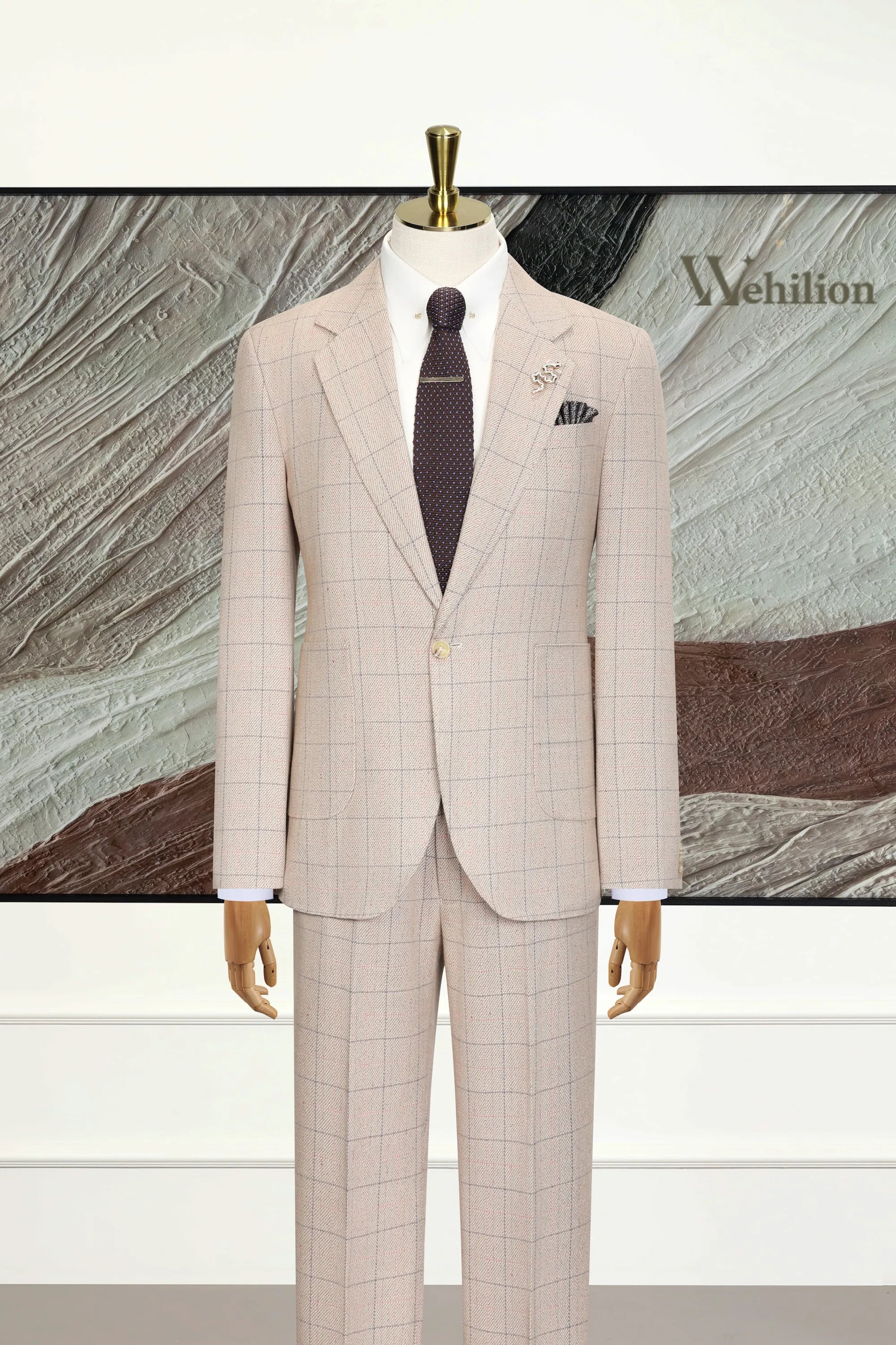 Men's Elegant Beige Plaid 2 Piece Suits
