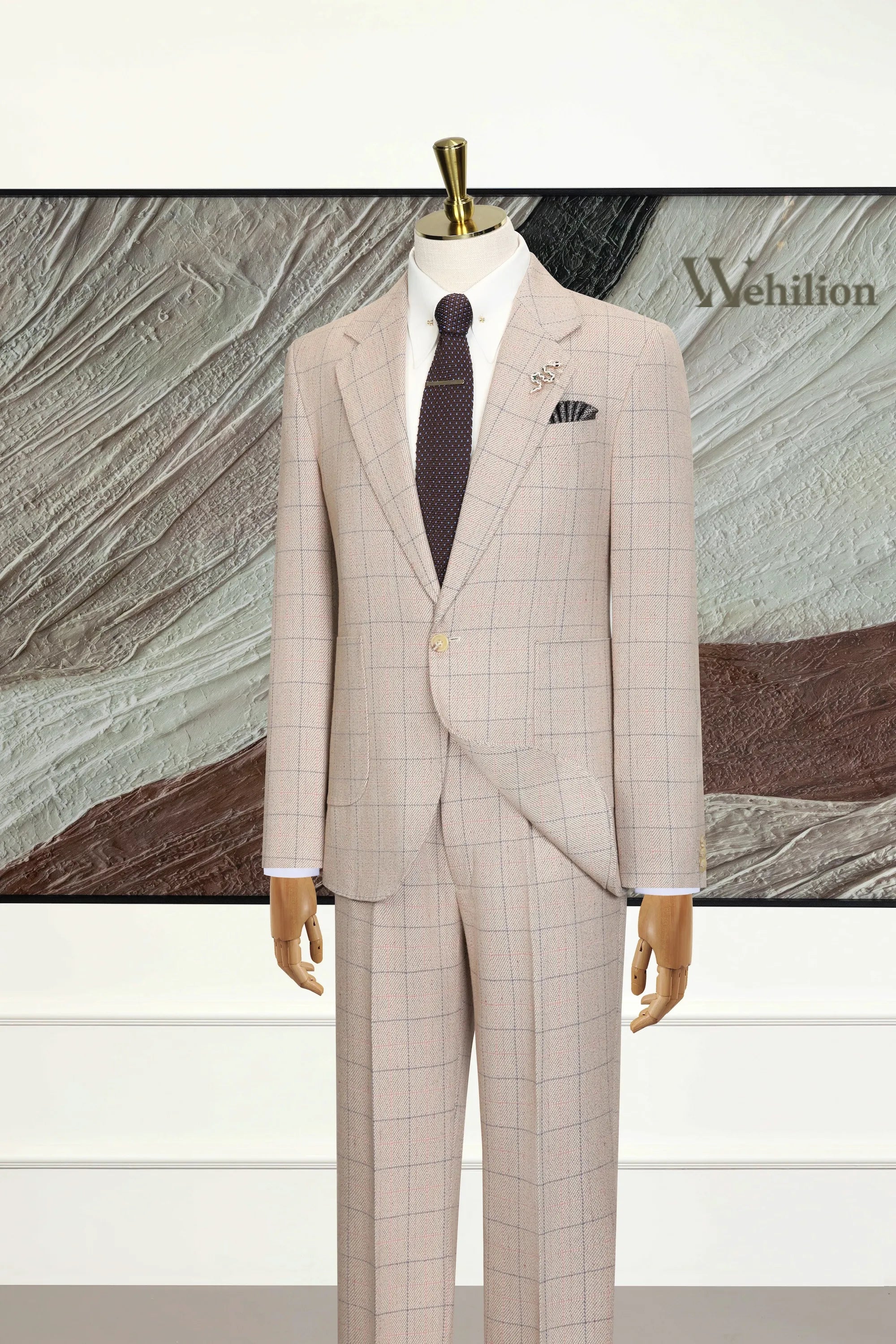 Men's Elegant Beige Plaid 2 Piece Suits