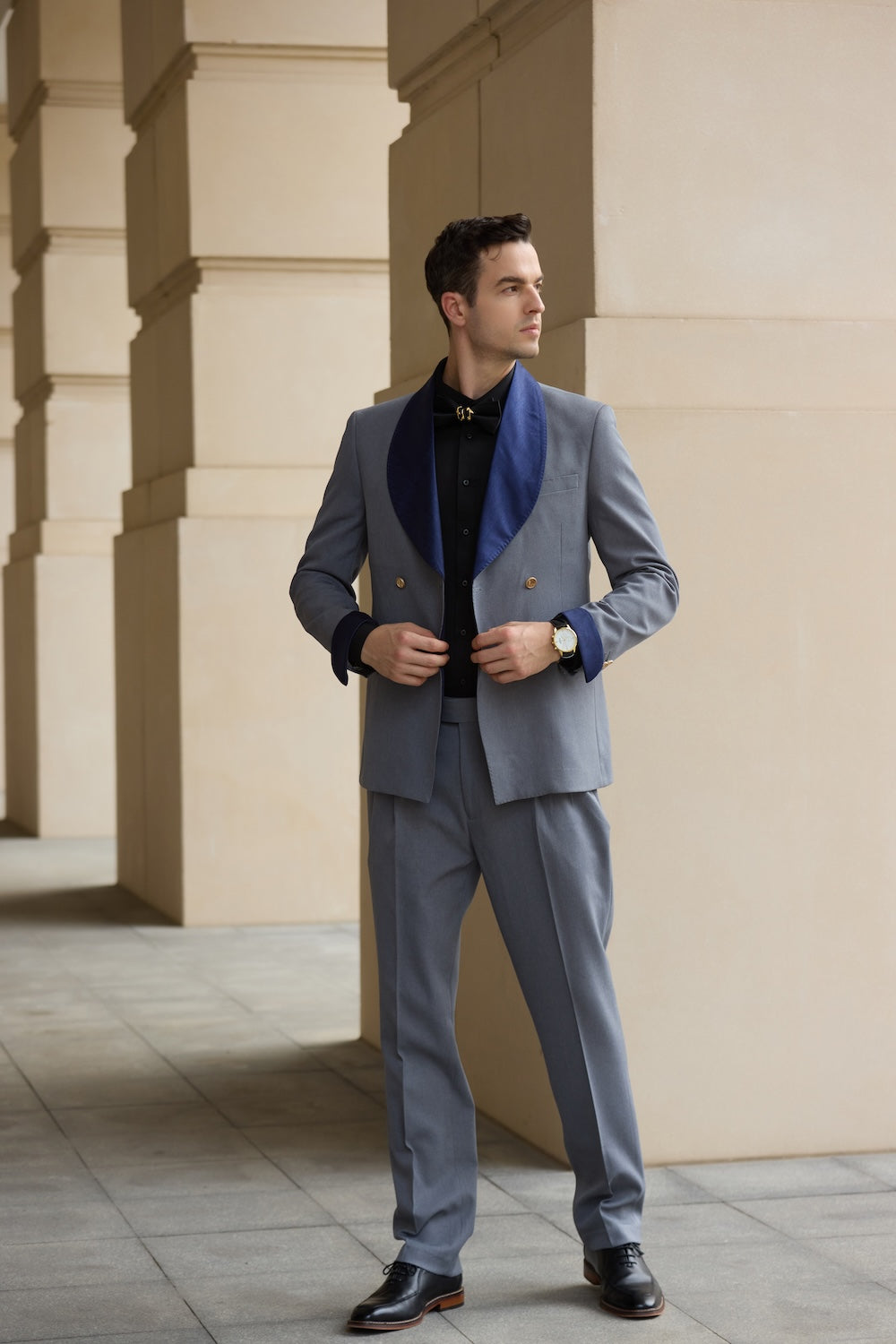 Shawl collar double-breasted 2 piece men's suit - blue jacket & pants with blue lapel, formal wedding outfit