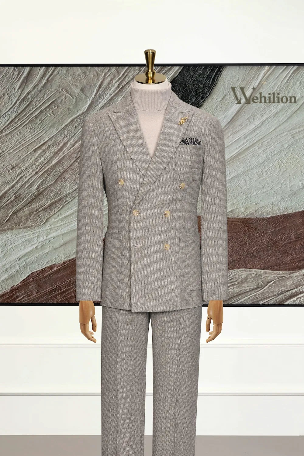 Men's Tailored Double Breasted Herringbone 3 Piece Suit