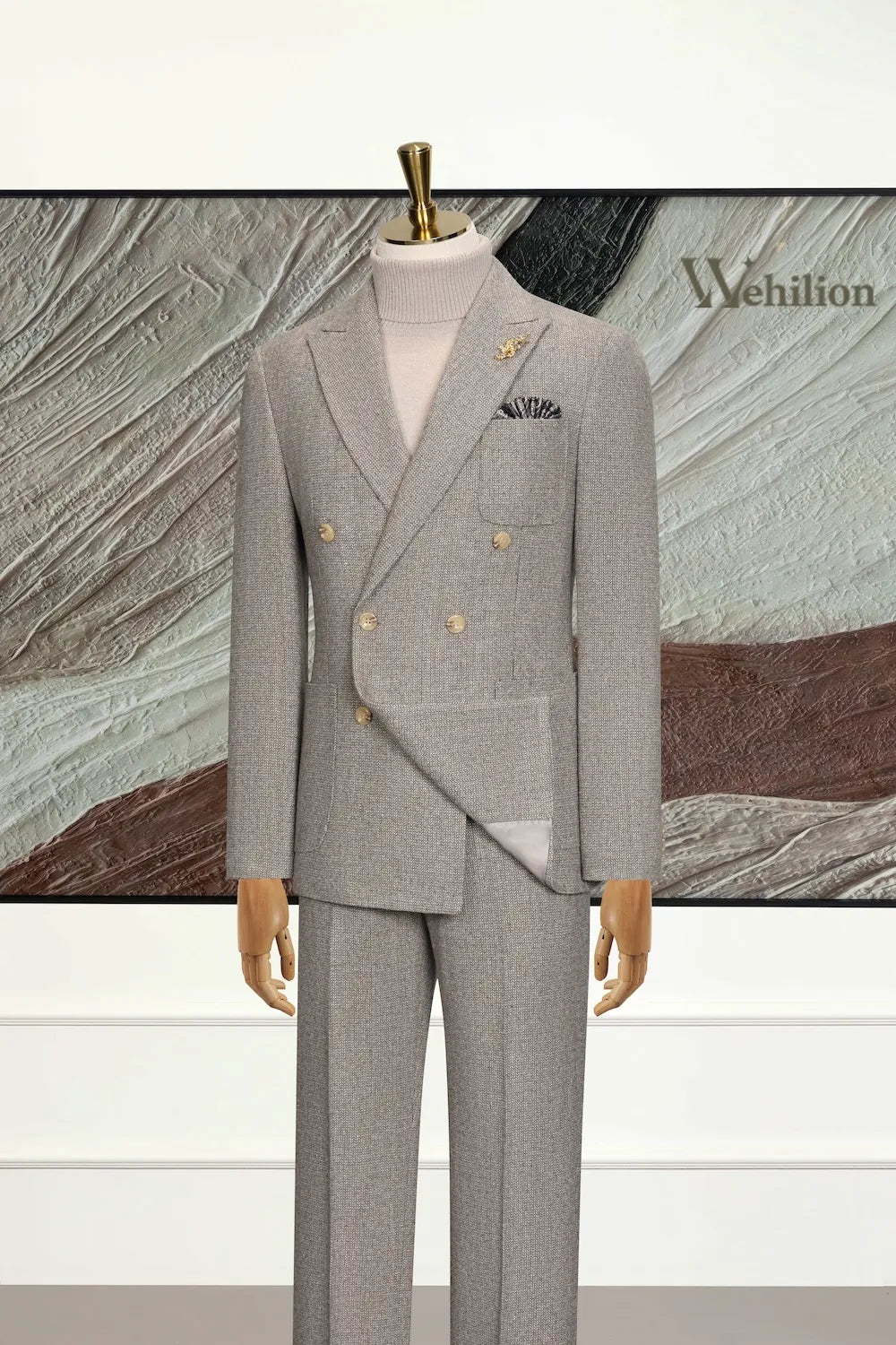 Men's Tailored Double Breasted Herringbone 3 Piece Suit