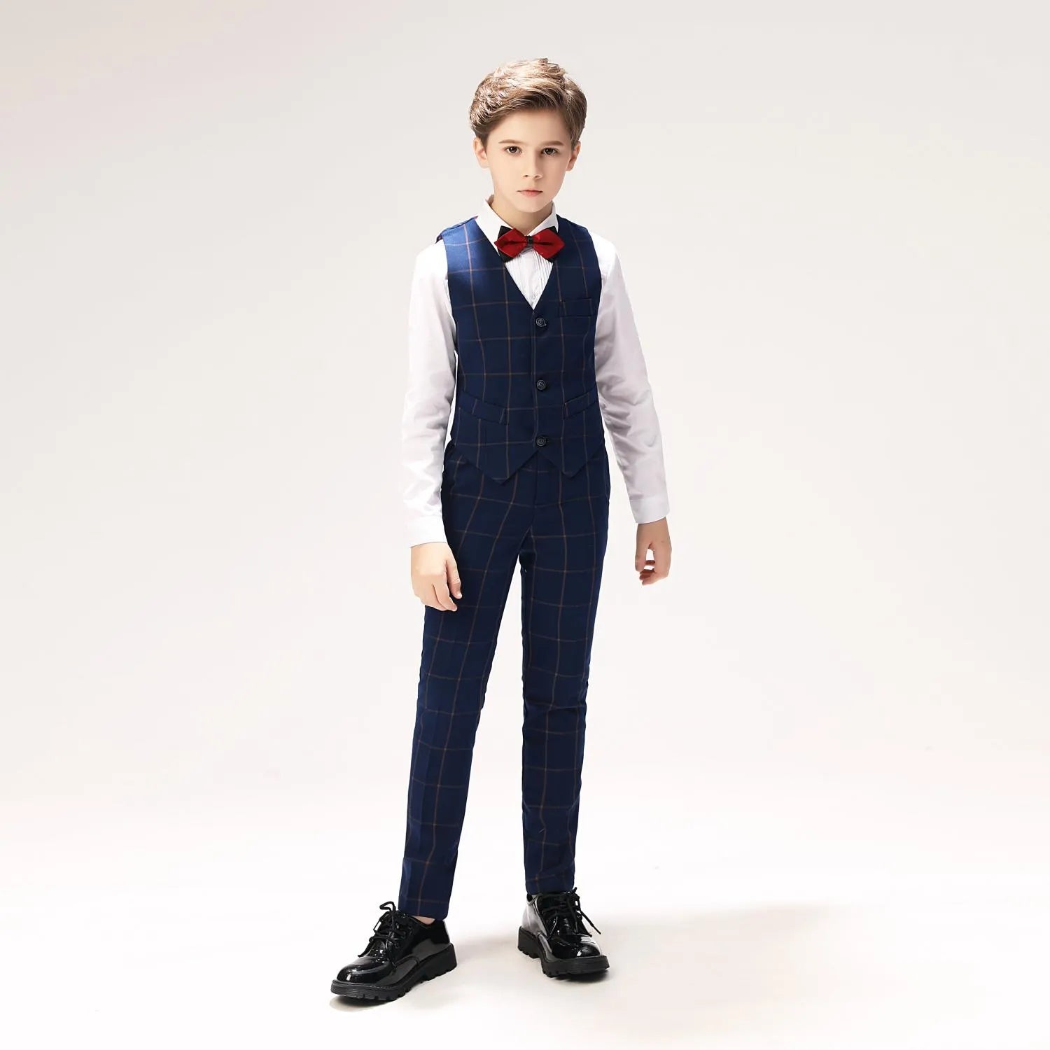 Blue checked boys vest and pants outfit with red bow tie and white shirt