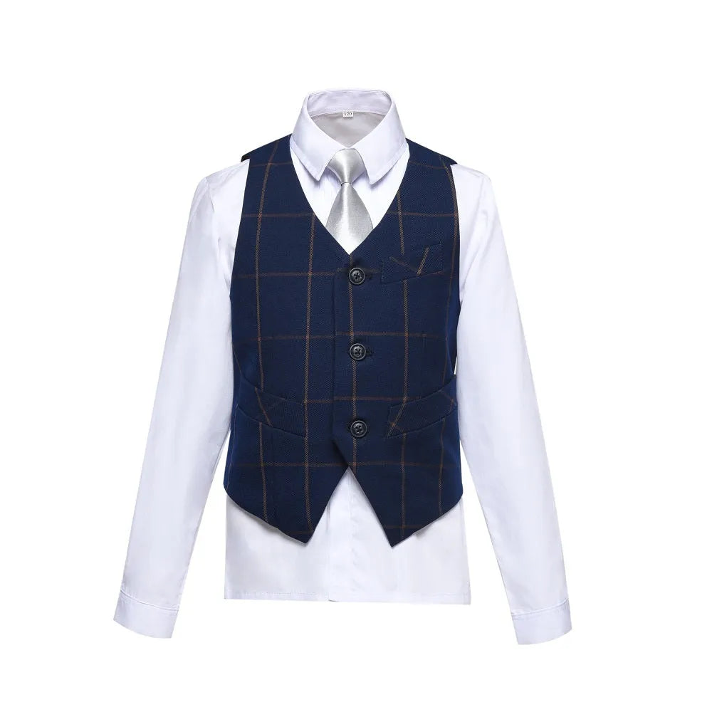 Boys navy plaid vest with silver tie and white shirt formal look
