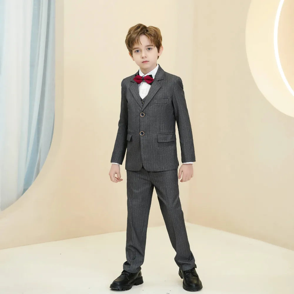 Stylish boys pinstripe suit in charcoal grey with double-button jacket – elegant wedding look