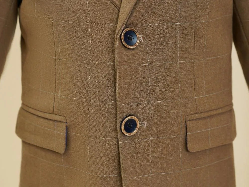 Boys' dark khaki plaid suit: Formal blazer with button & pocket detail - close-up