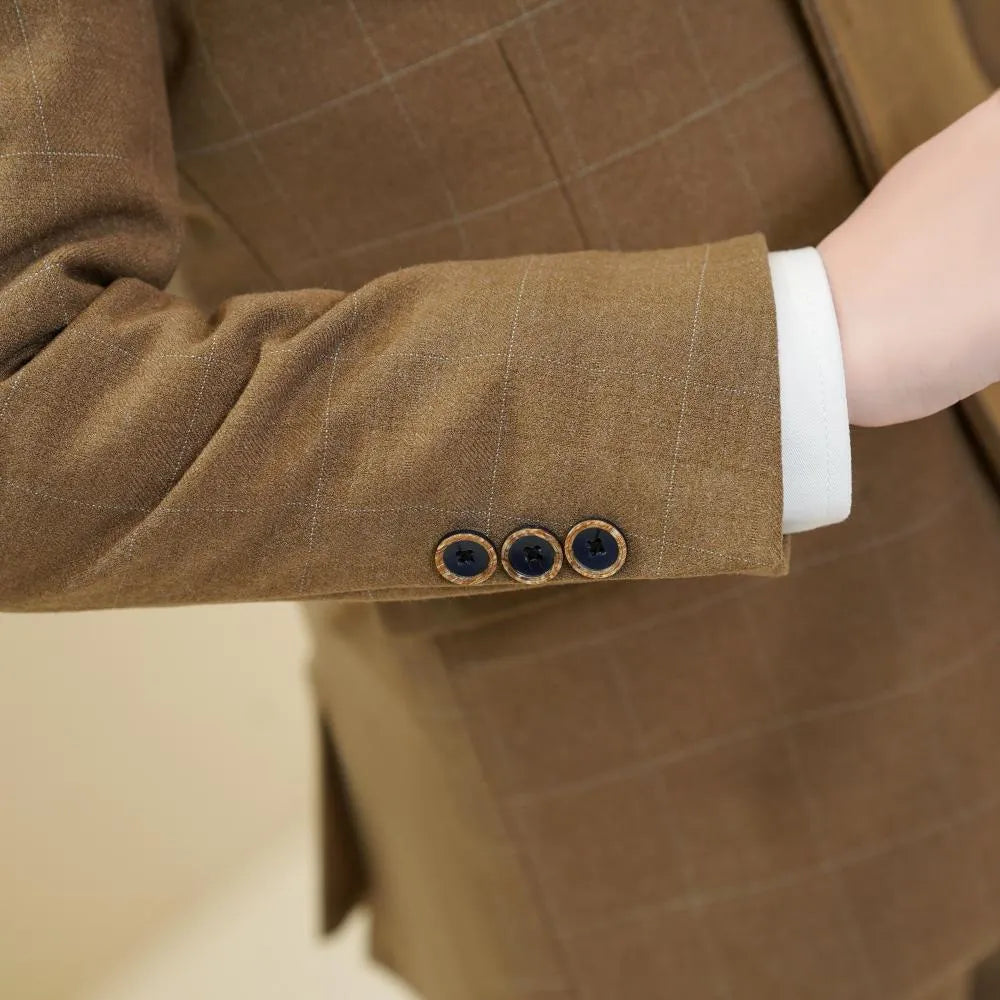 Little boys' khaki plaid suit: Formal cuff with three decorative buttons