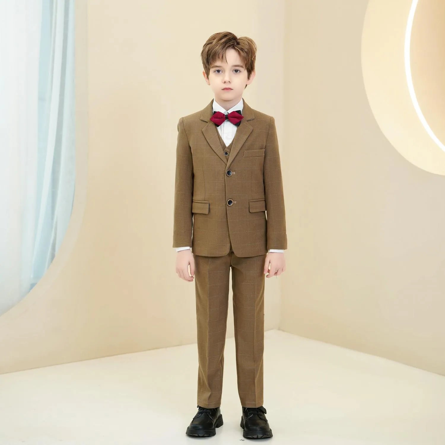 Boys' dark khaki checked suit: 5-piece formal outfit with red bow tie