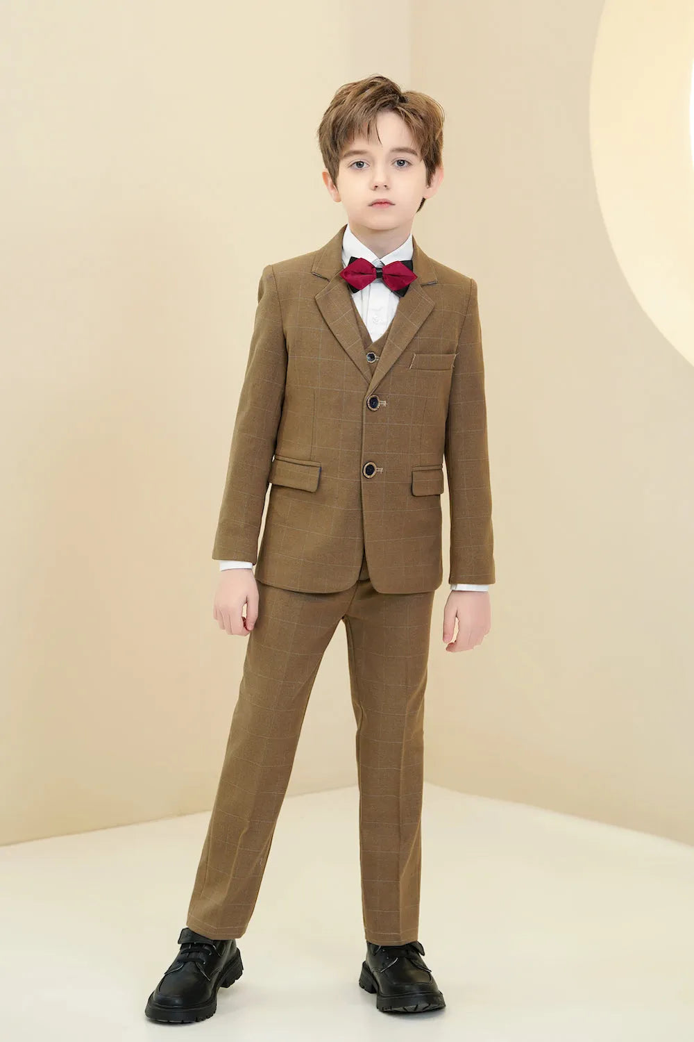 Boys' dark khaki plaid suit: 5-piece formal outfit with red bow tie