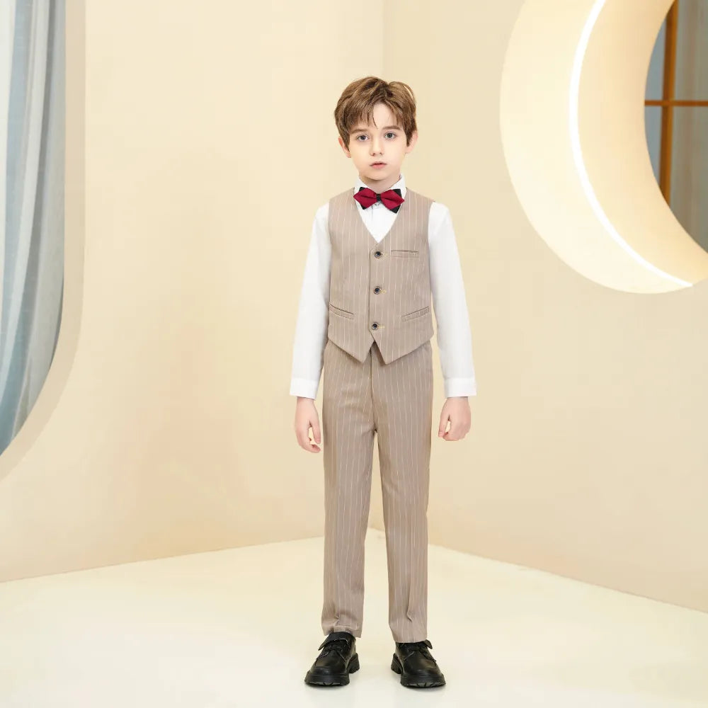Khaki vest and trousers set for boys with white shirt and red bow tie, wedding-ready outfit