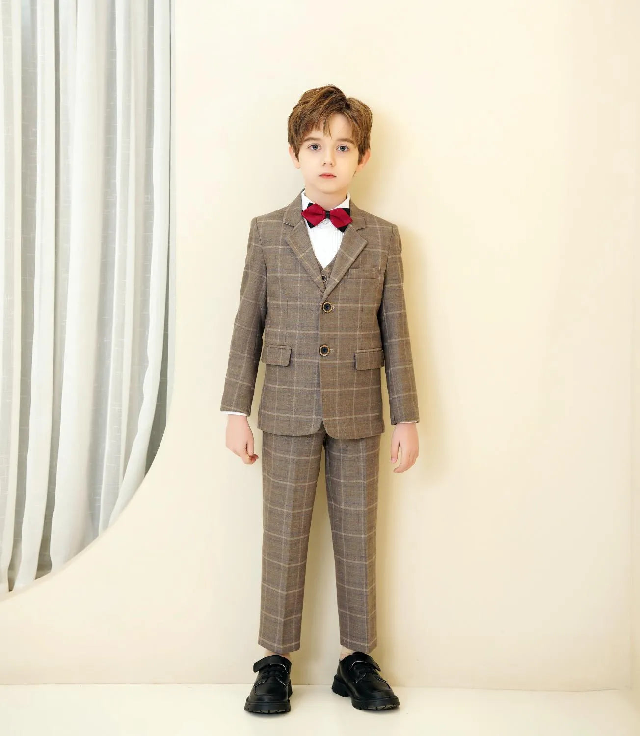 Khaki plaid boys 5-piece suit: Front view with red bow tie & checked pattern