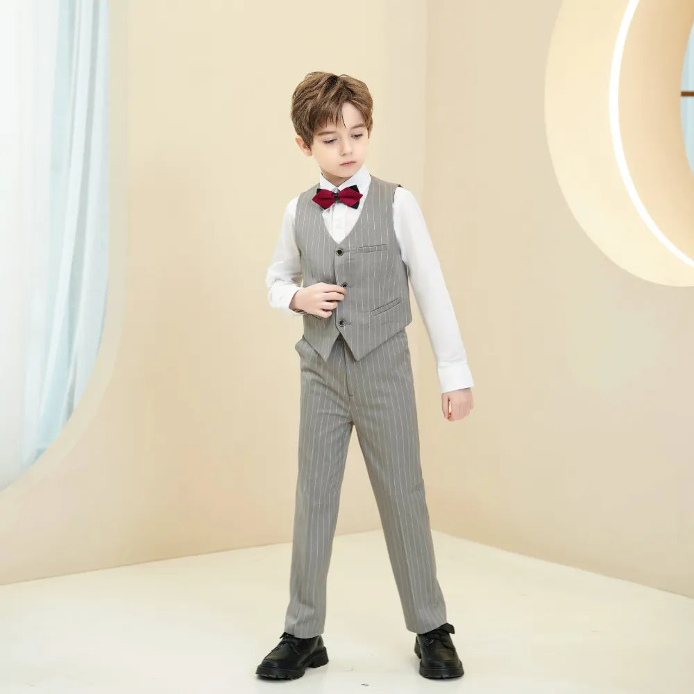 Modern light grey striped boys vest suit with formal trousers and burgundy bow tie