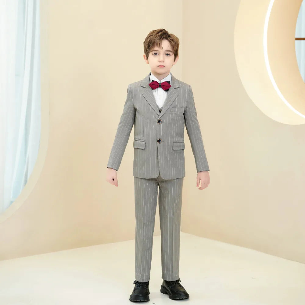 Slim fit light grey striped suit for boys with single breasted jacket and bow tie