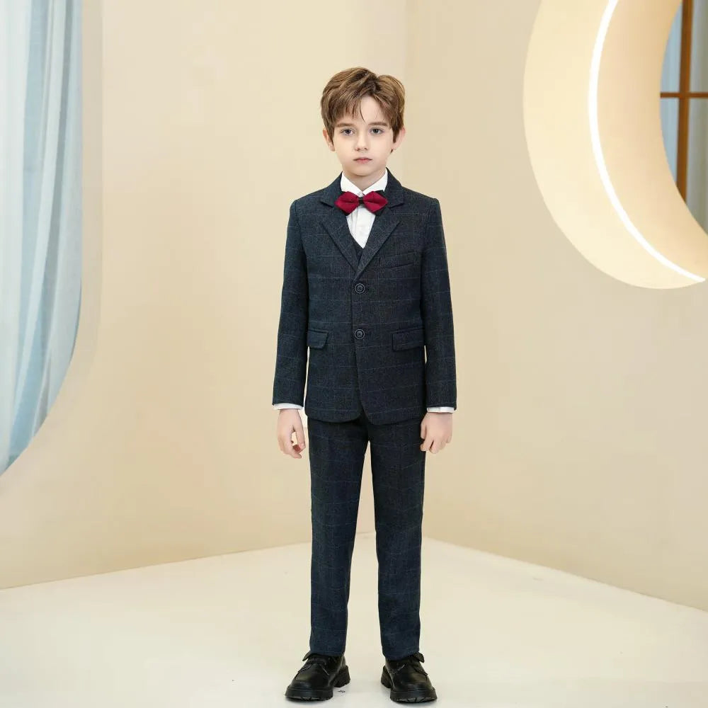 Navy plaid boys 5-piece suit: Front view with red bow tie & elegant formal design