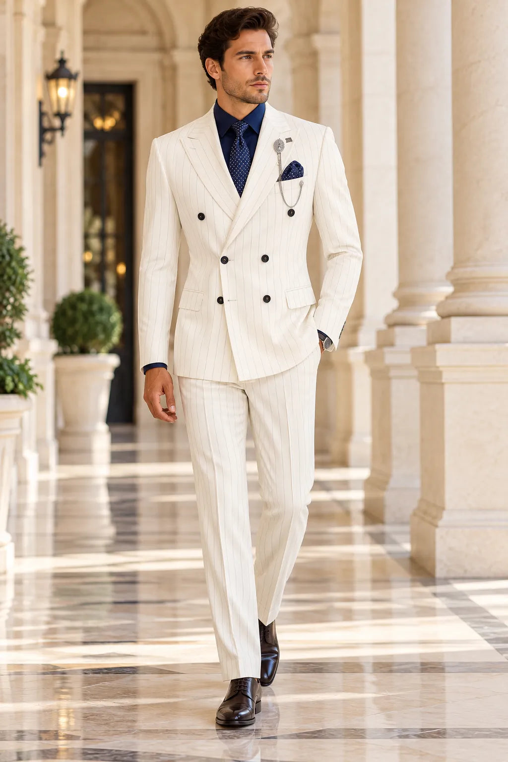 Men's Modern Cream Pinstripe Double Breasted 2 Piece Suit