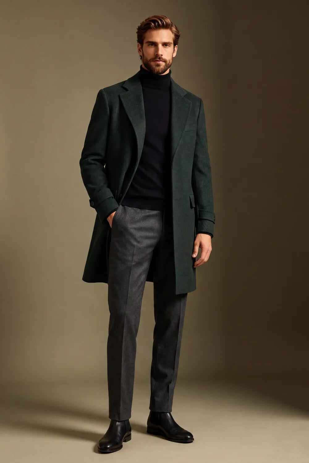 Men's Dark Forest Green Single Breasted Wool Blend Overcoat