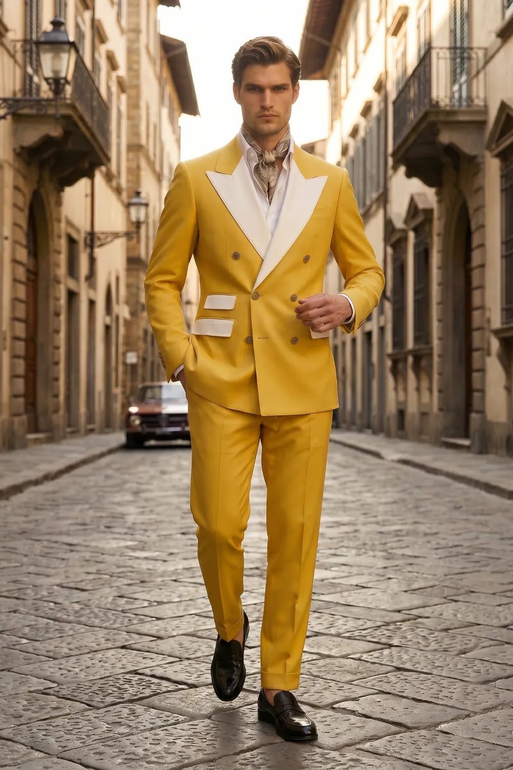 Men's Double Breasted Wide Peak Lapel Slim Fit 2 Piece Suit