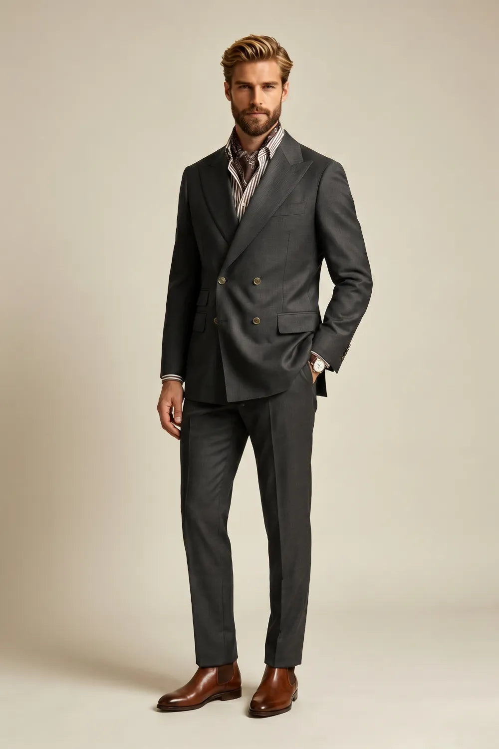 Men's Charcoal Double Breasted 2 Piece Suit