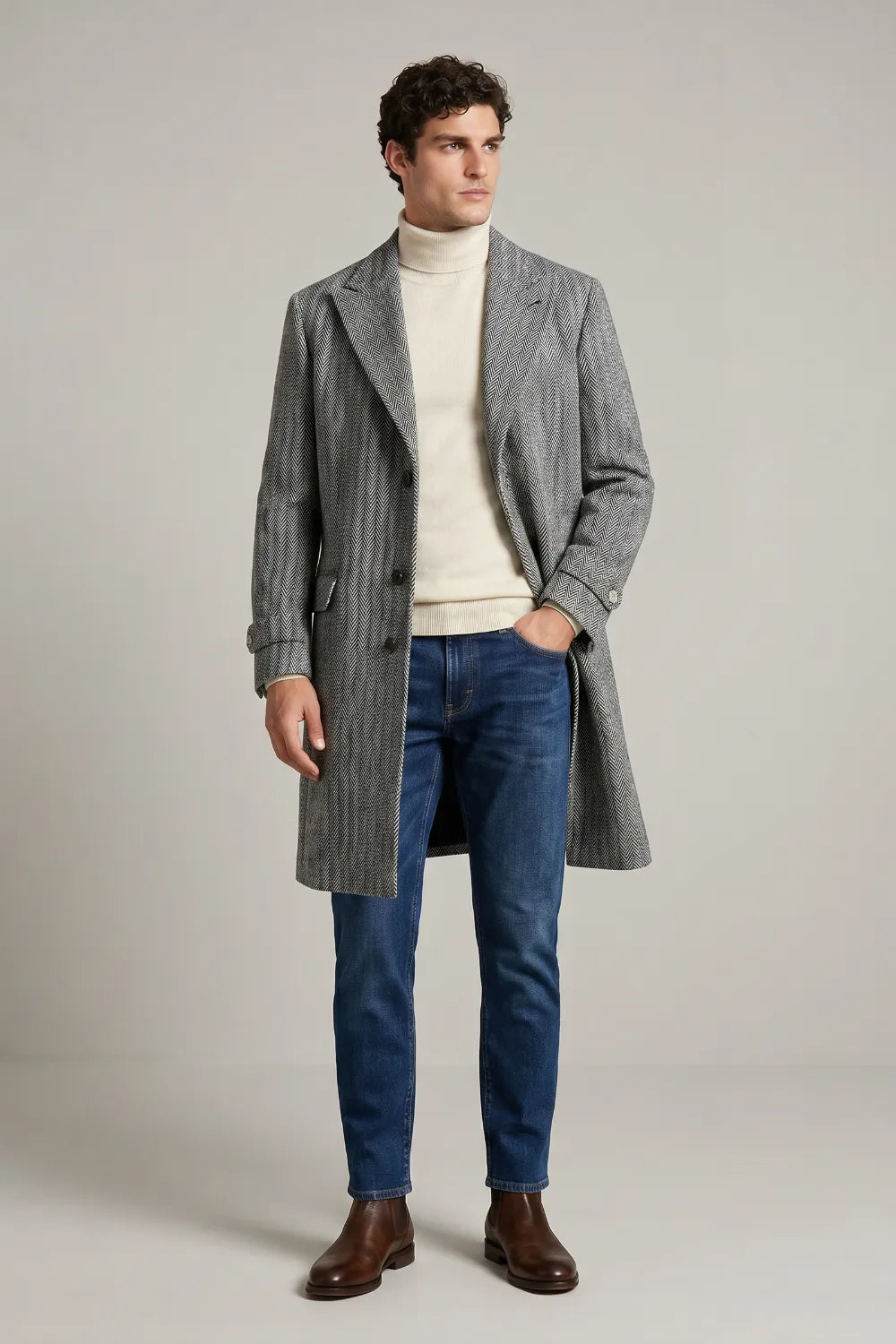 Men's Grey Herringbone Wool Blend Overcoat