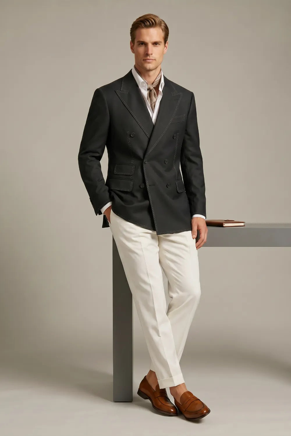 Men's Black Double Breasted Peak Lapel Textured 2 Piece Suit