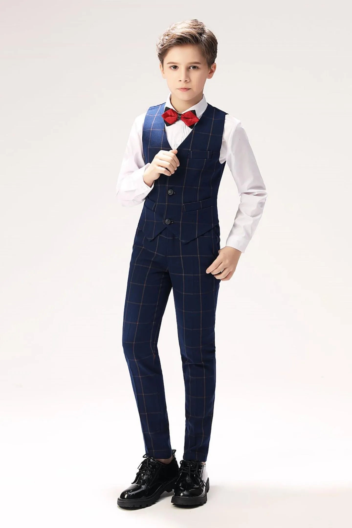 Boys' navy plaid vest and trousers with white shirt and bow tie, part of 5-piece formal suit