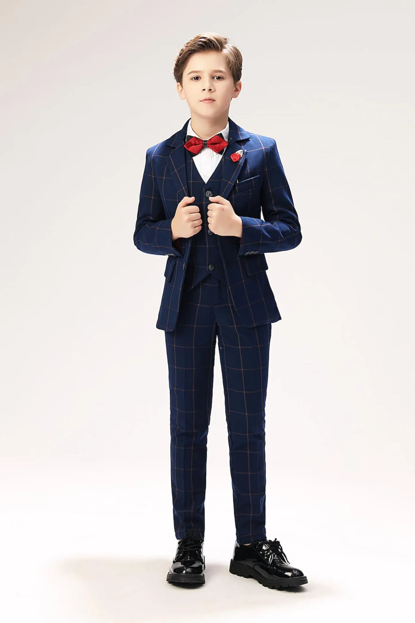 Boys' navy big plaid 5-piece suit with red bow tie and vest for wedding or holiday events