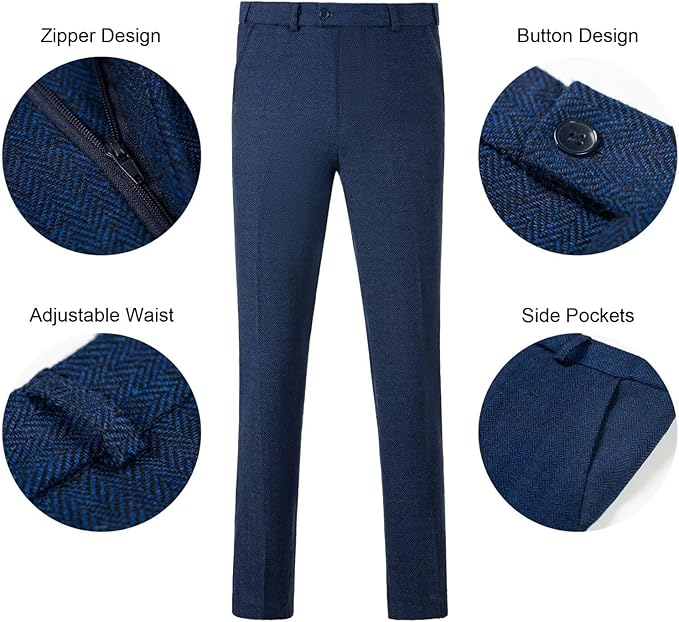 Classic navy blue slim fit tuxedo trousers with zip fly and side pocket design