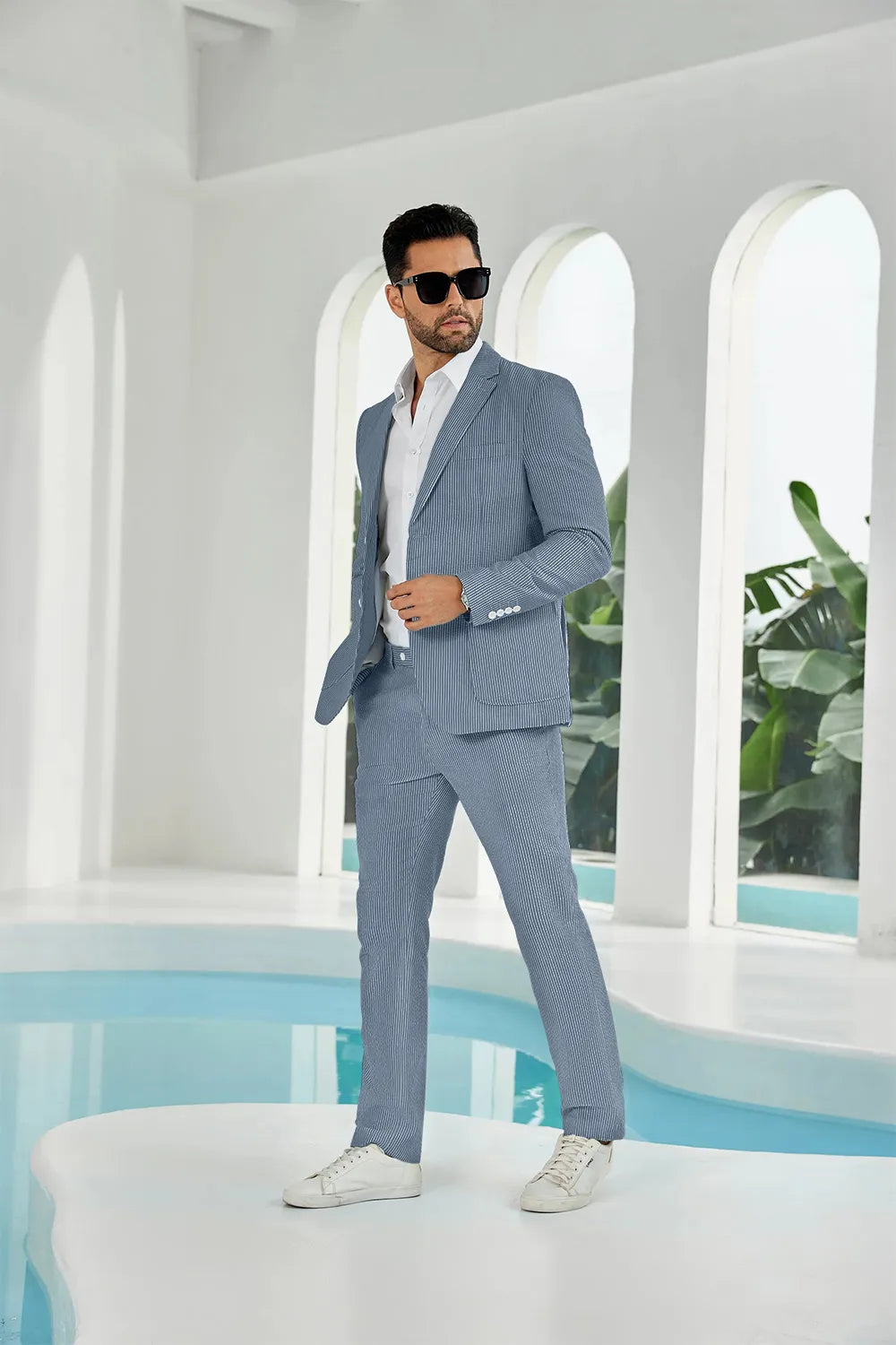 Navy blue-white seersucker striped blazer pants 2 piece men's summer suit upgrade version side display