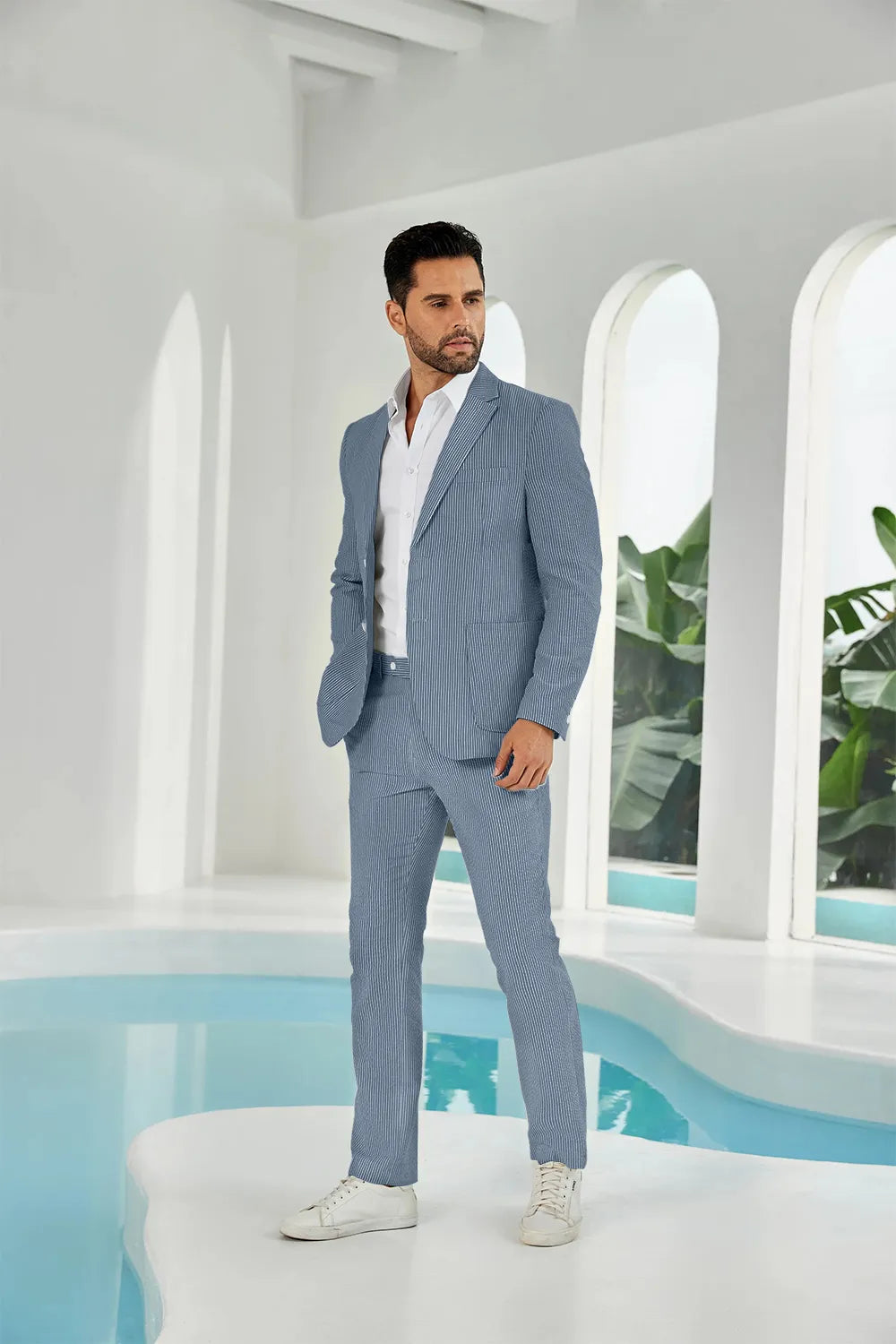 Navy blue-white seersucker striped blazer pants 2 piece men's summer suit upgrade version on model