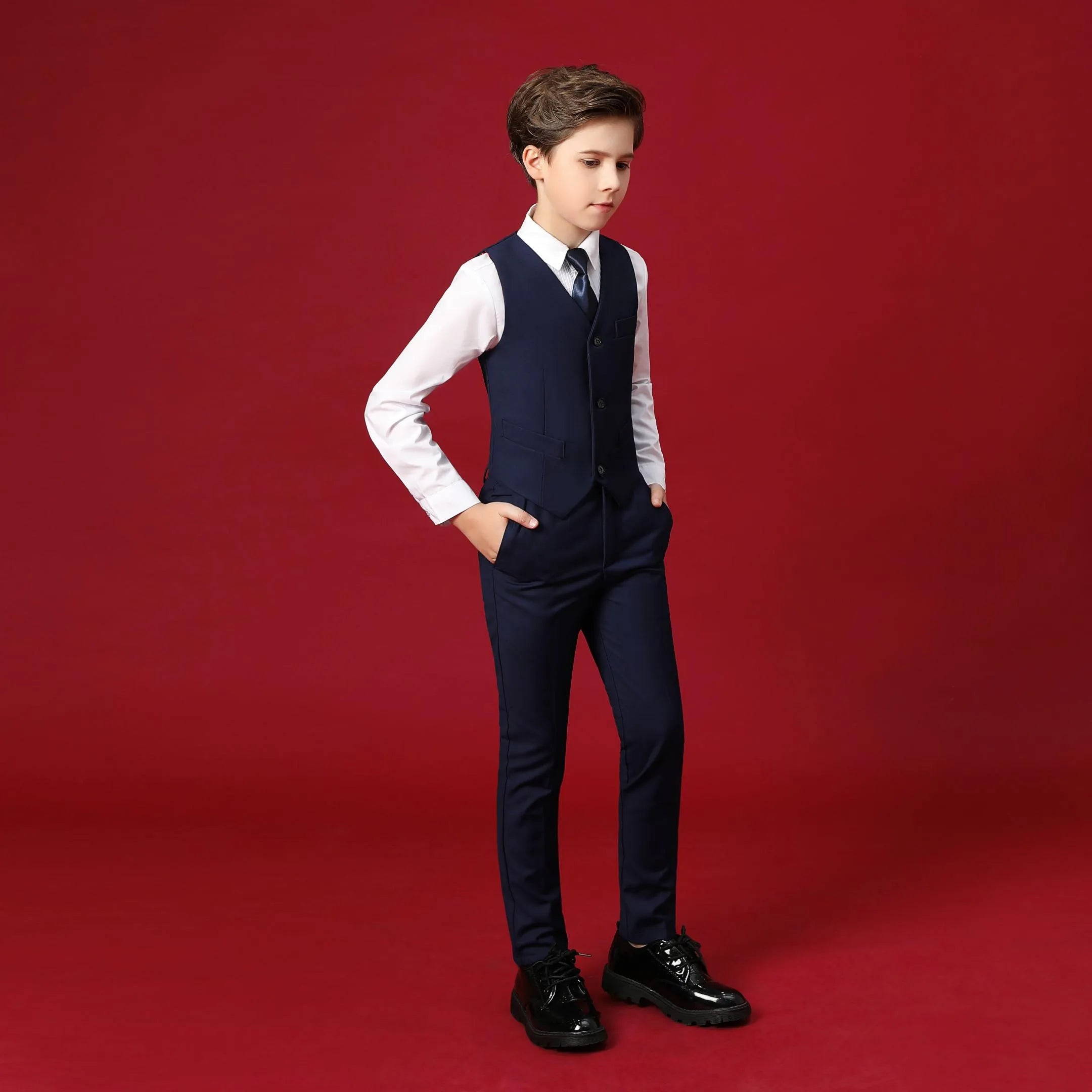 Wehilion holiday boys suit 5-piece in navy blue with tailored vest and shirt for formal occasions