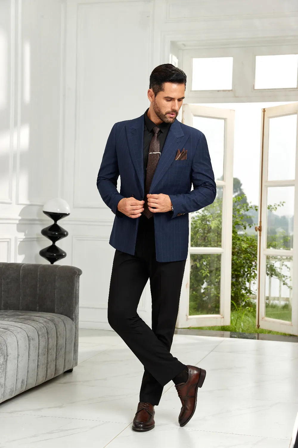 Men's Navy Pinstripe Double-Breasted Blazer