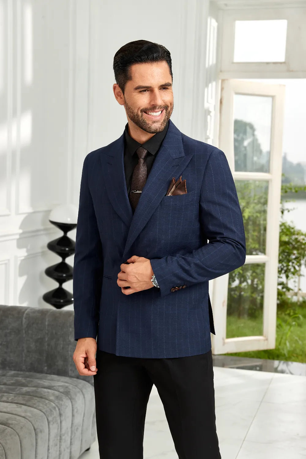 Men's Navy Pinstripe Double-Breasted Blazer