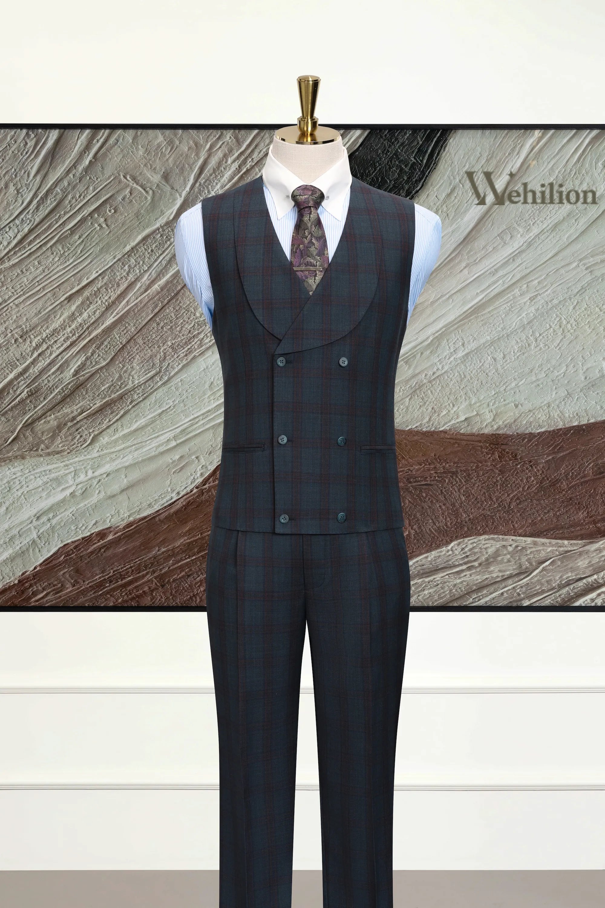 Men's Navy Wool Blend 3 Piece Suits