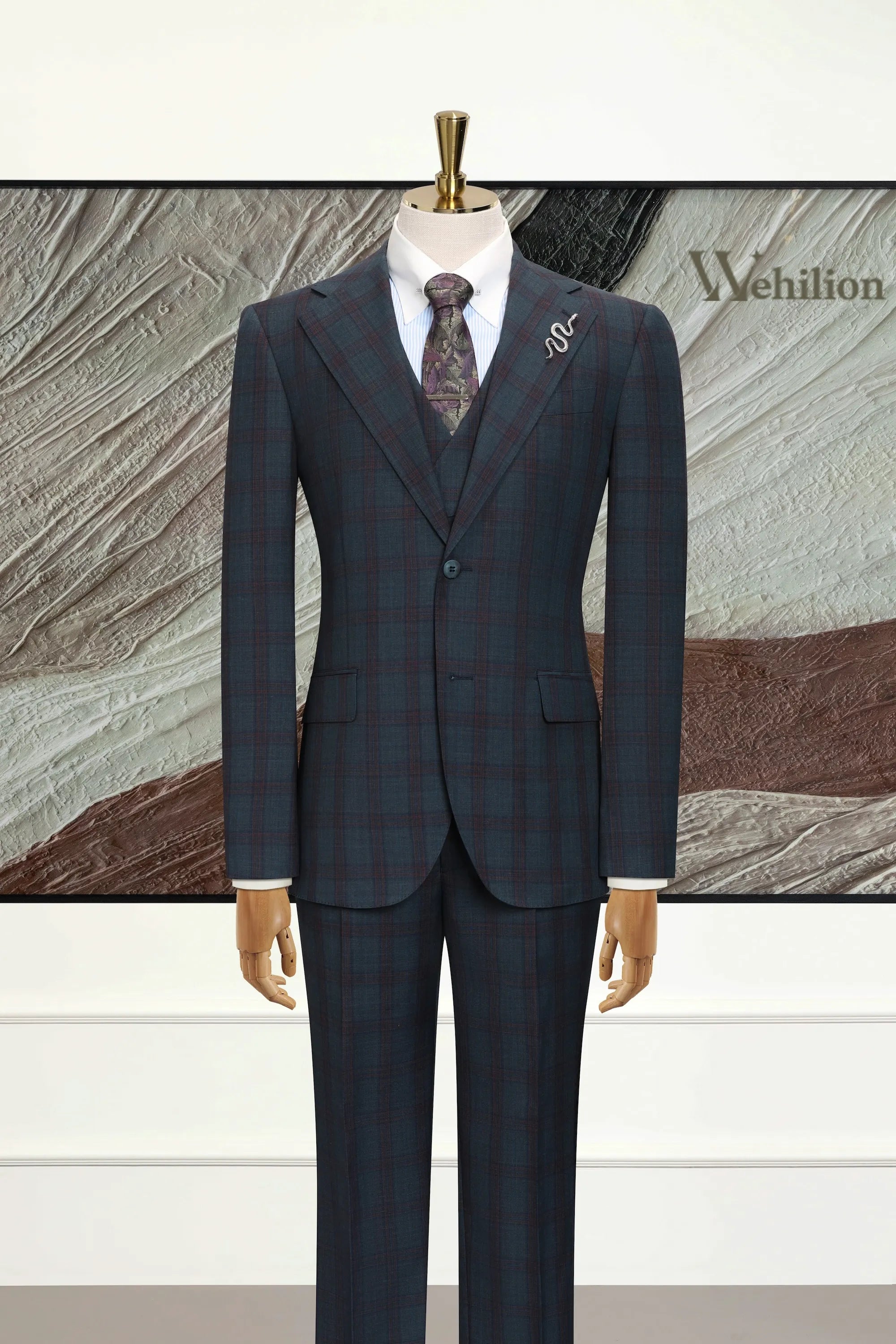 Men's Navy Wool Blend 3 Piece Suits