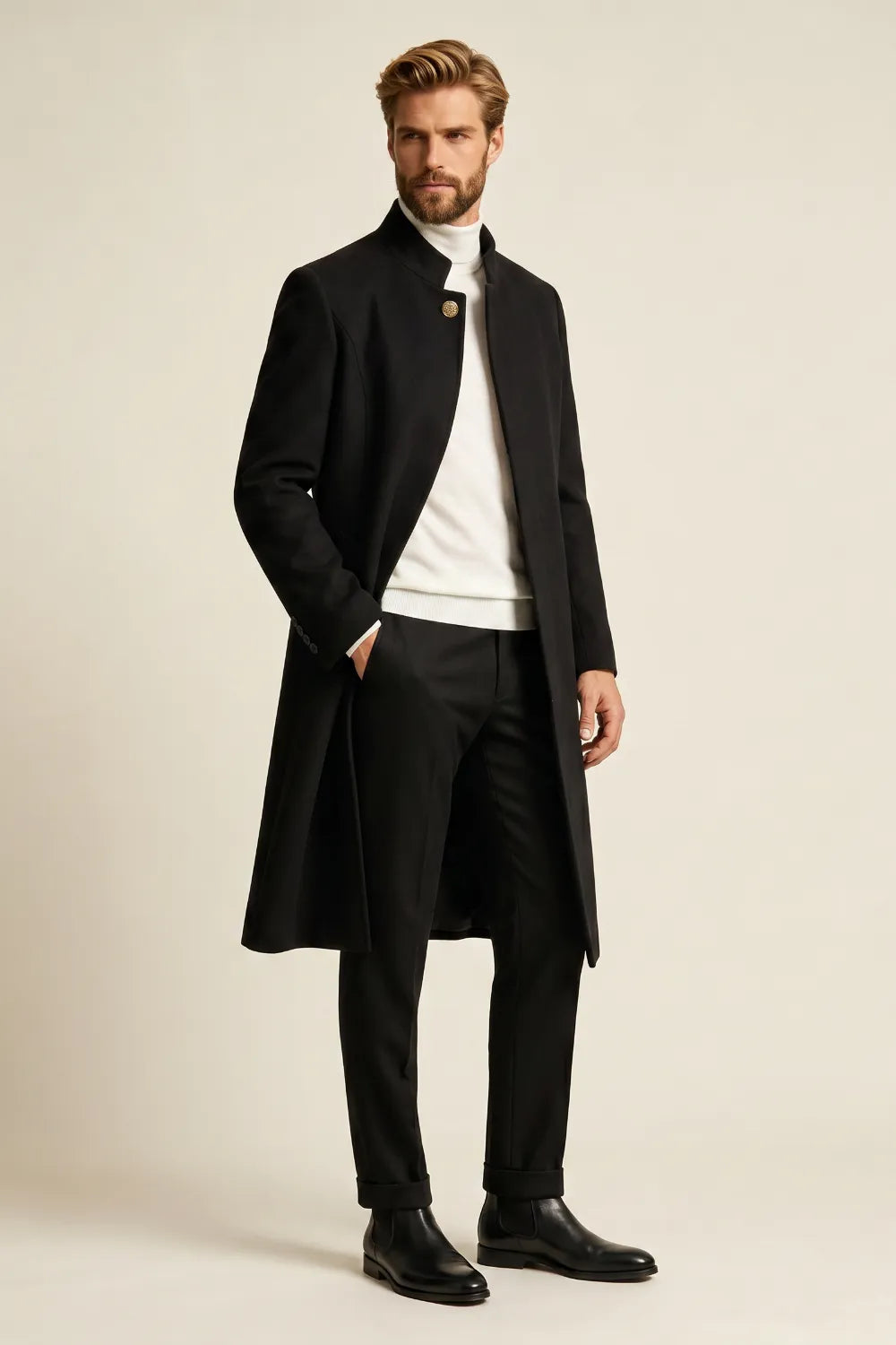 Men's Refined Stand-Collar Long Coat
