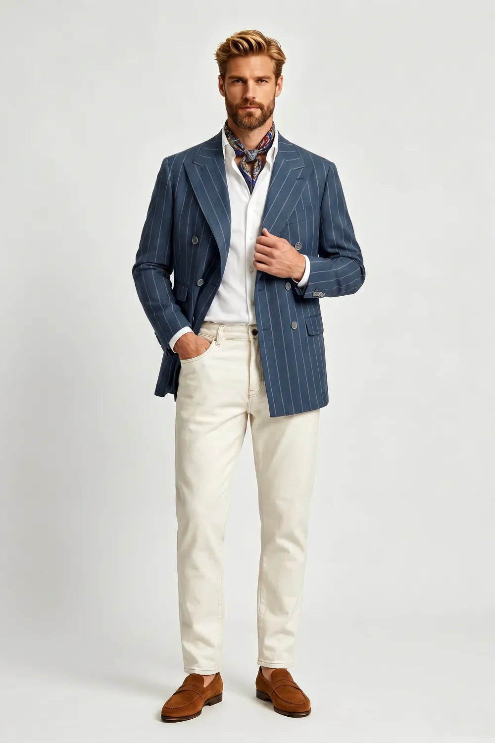 Blue Double Breasted Pinstripe Suit Two Piece Set For Business And Interview