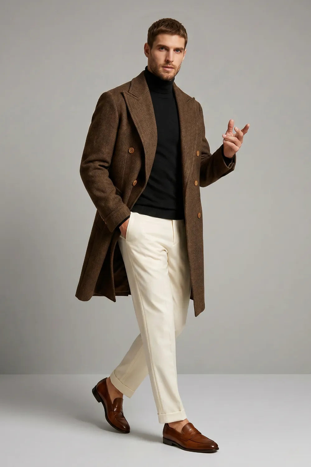 Men's Brown Herringbone Wool Blend Double Breasted Overcoat