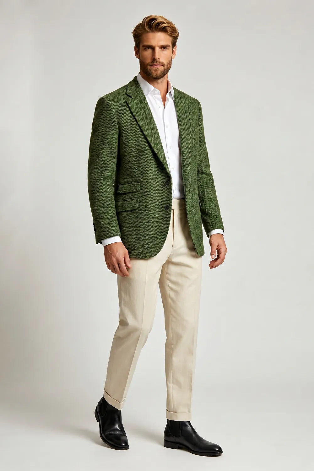 Men's Green Herringbone 2 Piece Suit