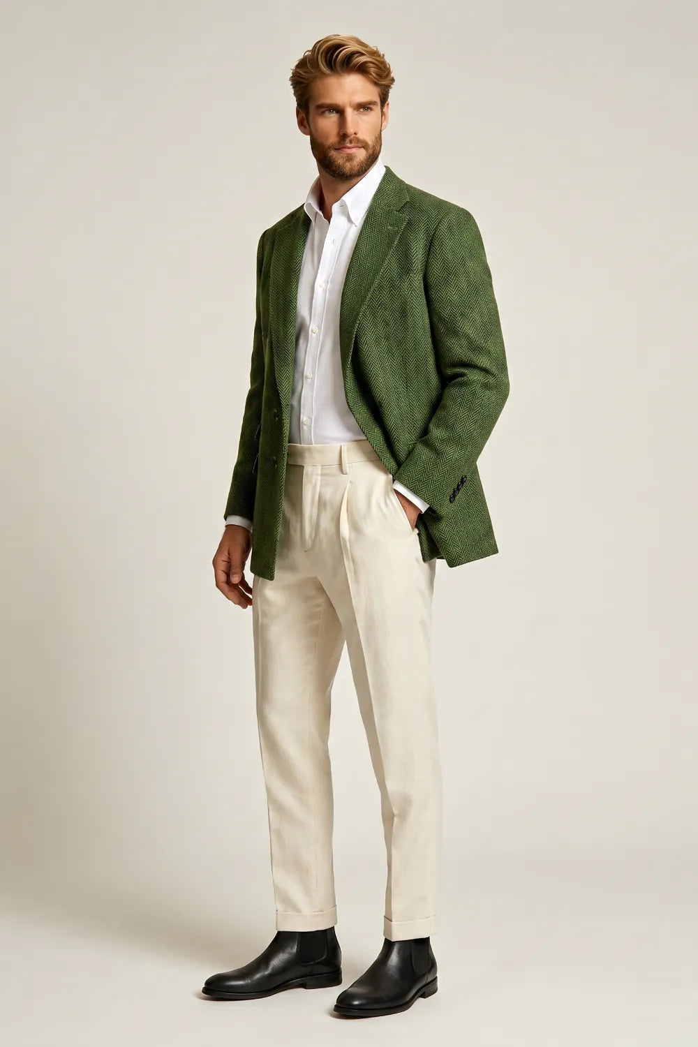 Men's Green Herringbone 2 Piece Suit