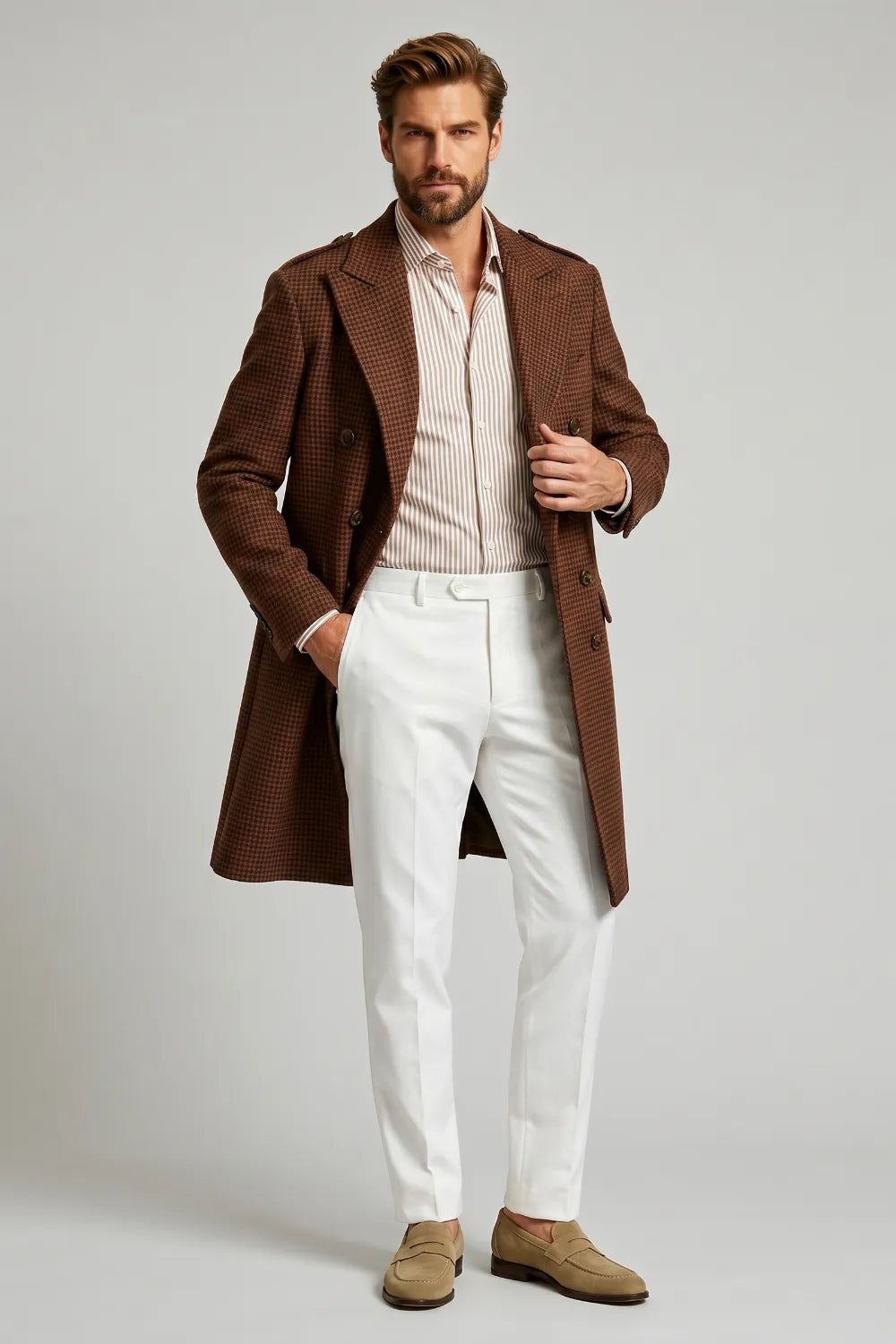 Men's Heritage Brown Houndstooth Officer Overcoat
