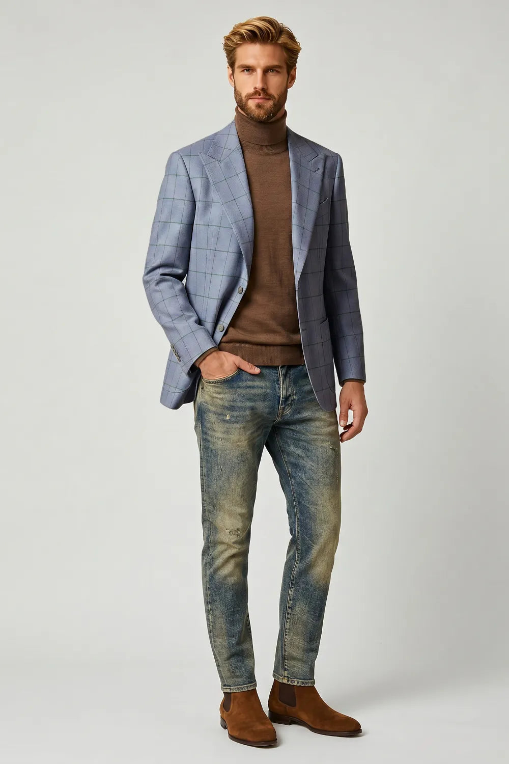 Men's Dusty Blue Windowpane Single Breasted Blazer