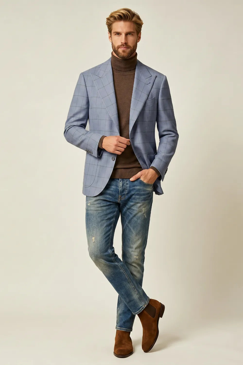 Men's Dusty Blue Windowpane Single Breasted Blazer