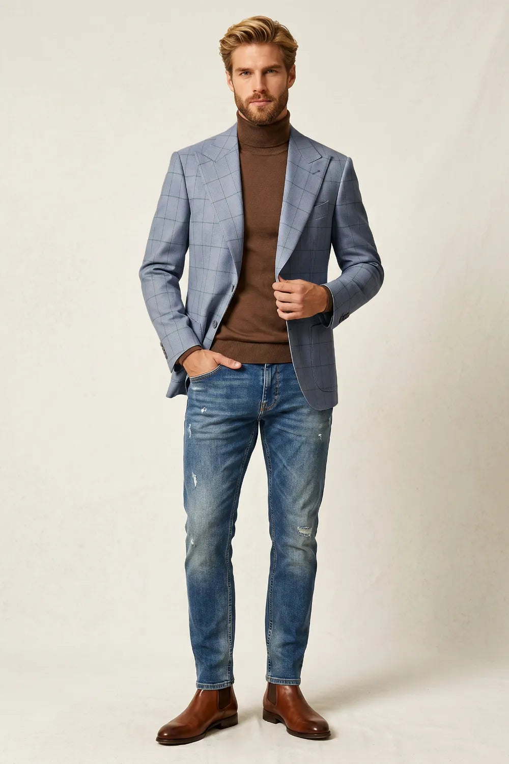 Men's Dusty Blue Windowpane Single Breasted Blazer