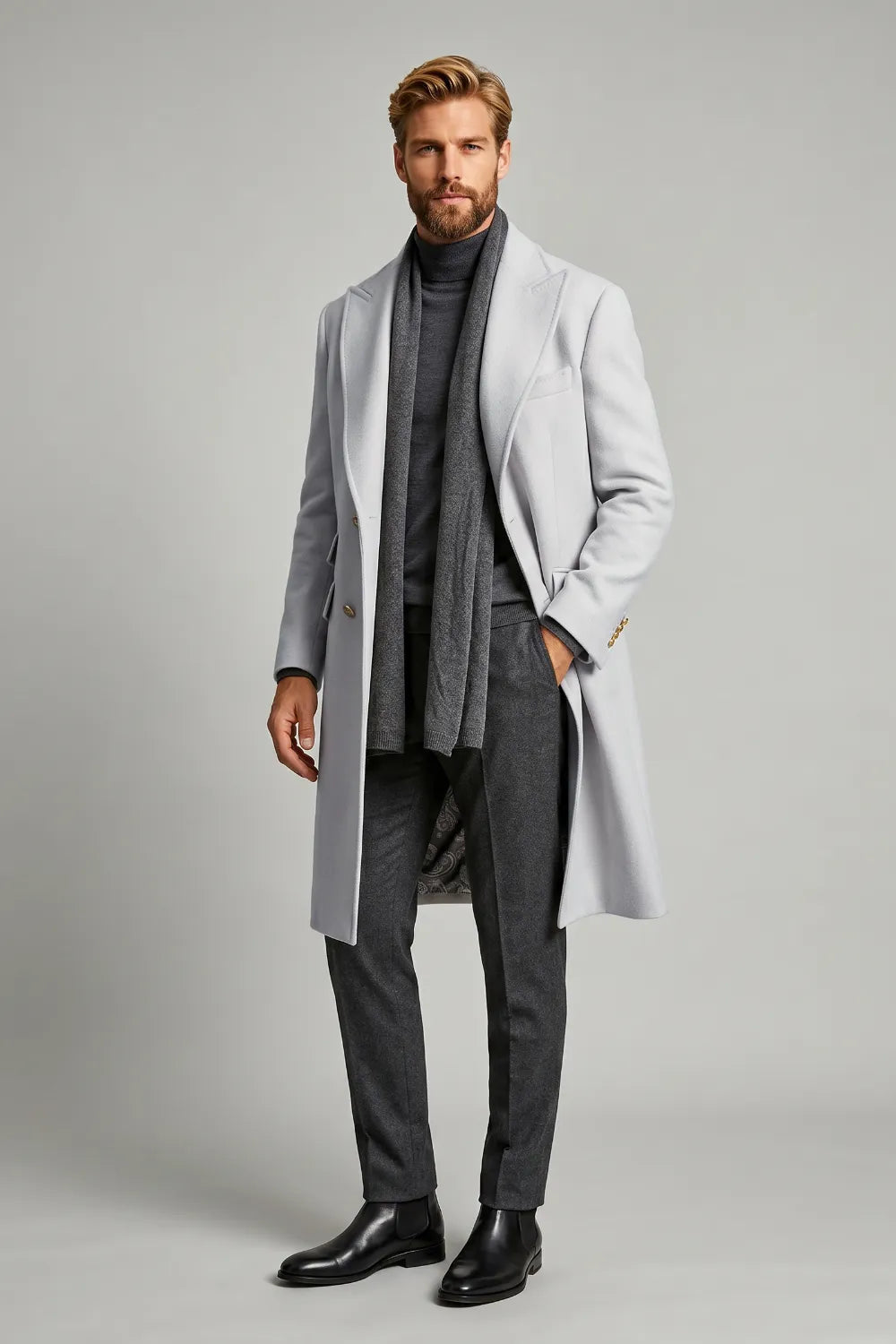 Men's Grey Single-Breasted Longline Coat
