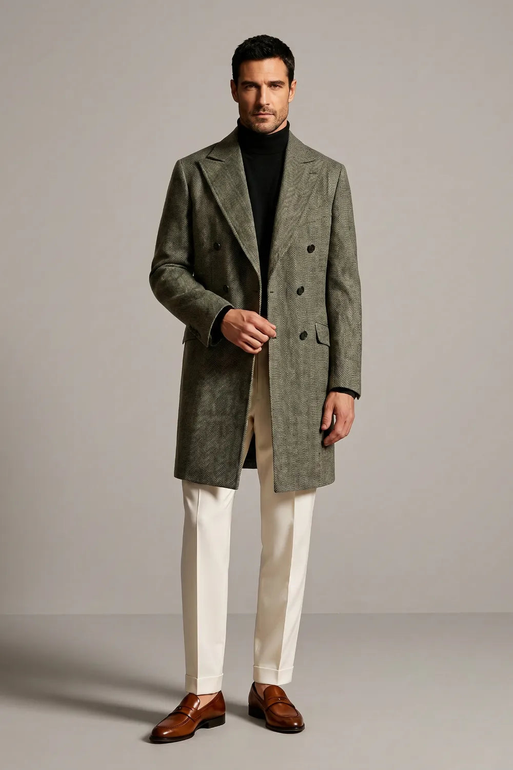 Men's Olive Grey Herringbone Tweed Double Breasted Overcoat