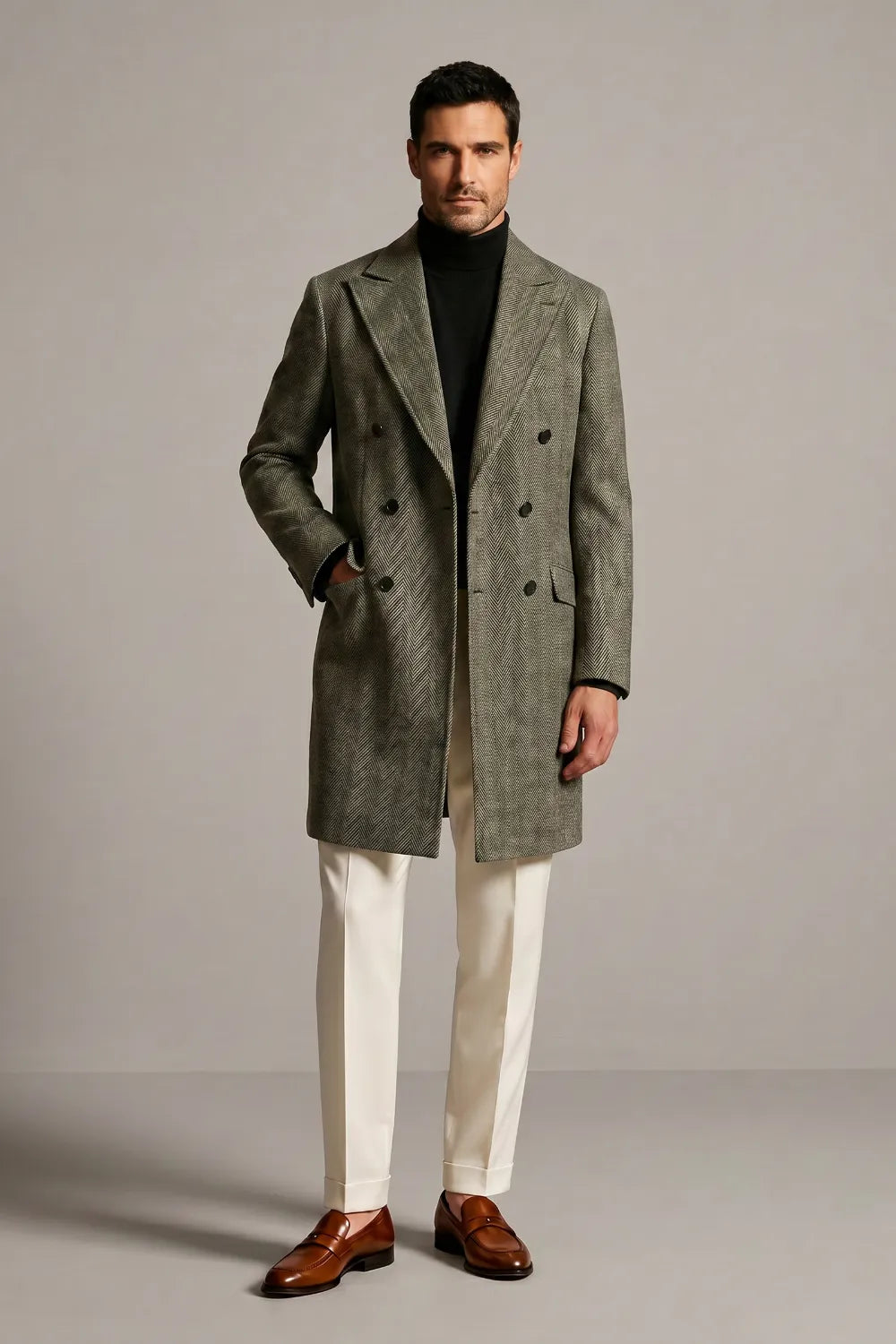 Men's Olive Grey Herringbone Tweed Double Breasted Overcoat